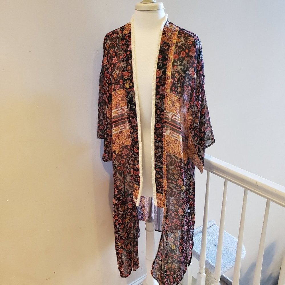 Kori America Full Length Black Floral Kimono M/L
